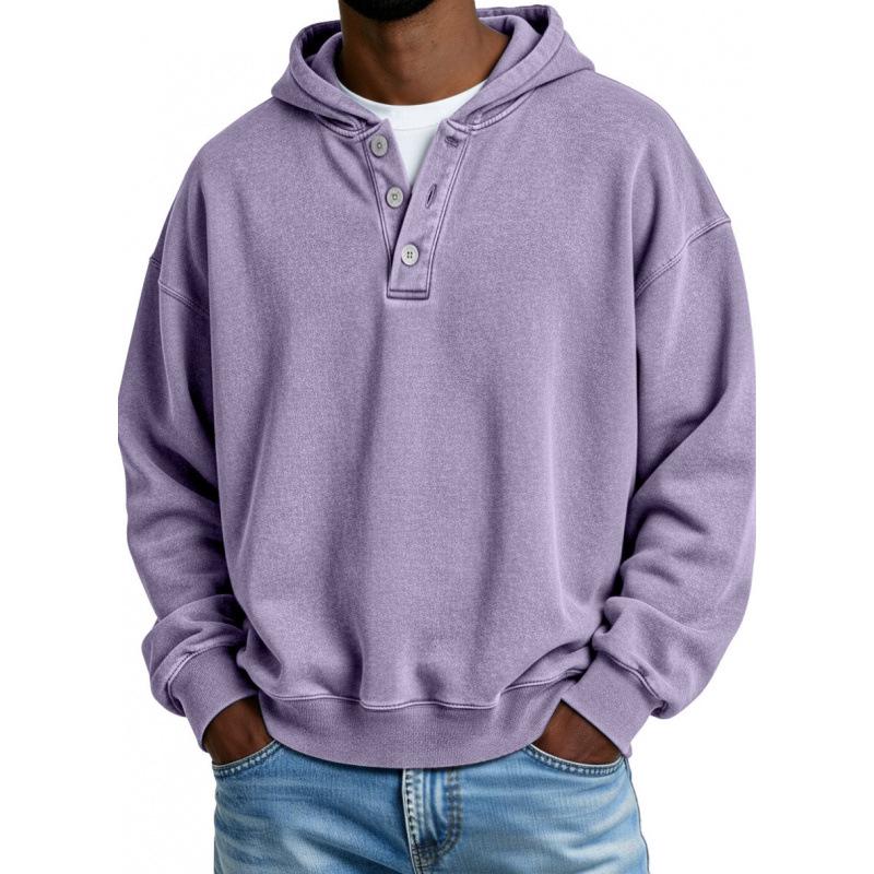 2025 European & American Men's Solid Color Hooded Sweatshirt - Three-Button, Loose Fit, Long Sleeve Jacket for Spring & Autumn