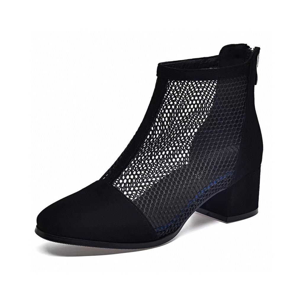 Mesh shoes women's spring and summer new fishing net shoes round head thick heel high heels fashionable rear zipper ankle boots