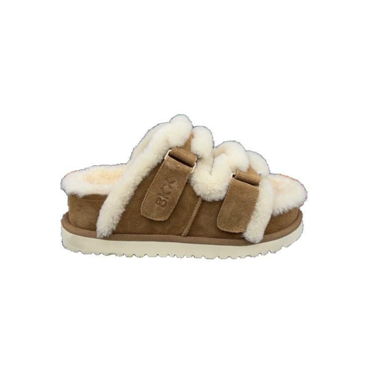 [Youshilai] 2025 Autumn and Winter New Platform Slippers with Plush One-word Fluff Drag Lazy Double Buckle Platform Women's Shoes
