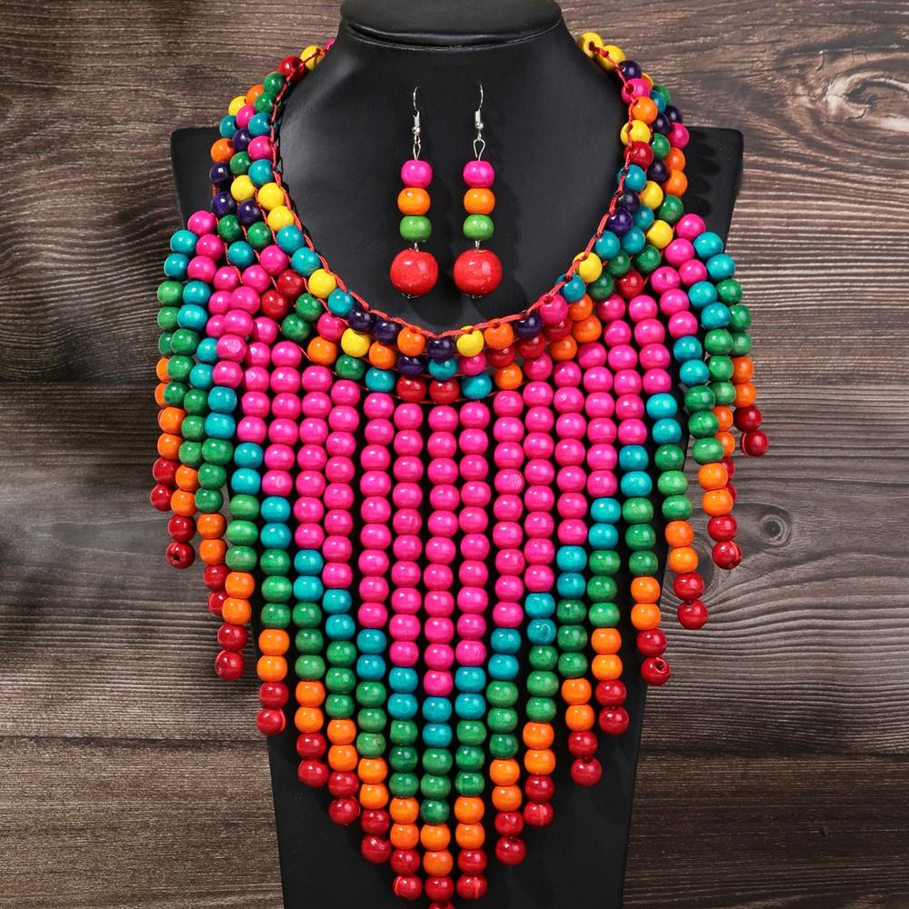 Ensemble de Bijoux Statement Bohème Rétro Ethnique Fait Main Collier Ras-de-cou Tressé en Perles de Bois et Boucles d'Oreilles Accessoires Quotidien pour Femmes