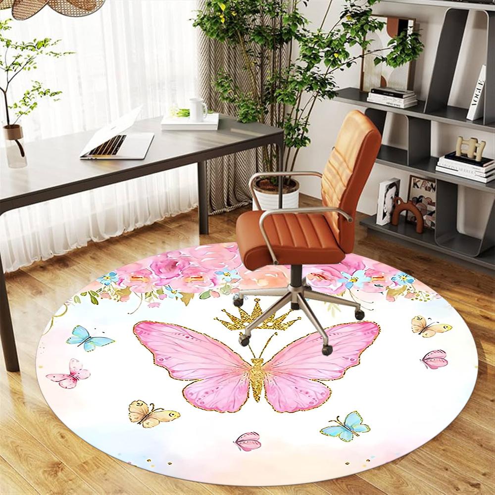 1pc Butterfly Crown Round Chair mat Area Rug - Non-Slip, Floor Mat for Office, Bedroom, and Indoor Decor -1002266
