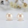 ORSA JEWELS Real 925 Sterling Silver Stud Earrings For Women Genuine Fresh Water Pearl 8 MM Gold-color Female Party Jewelry SE86