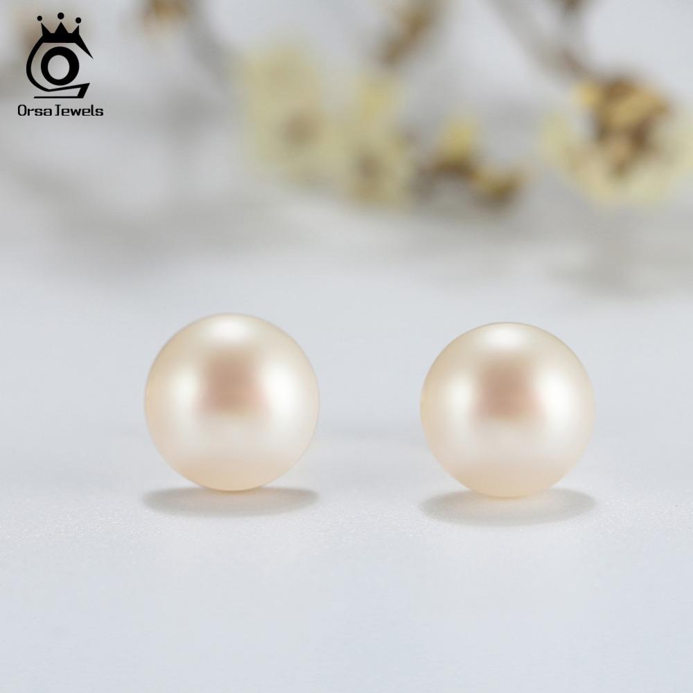 ORSA JEWELS Real 925 Sterling Silver Stud Earrings For Women Genuine Fresh Water Pearl 8 MM Gold-color Female Party Jewelry SE86