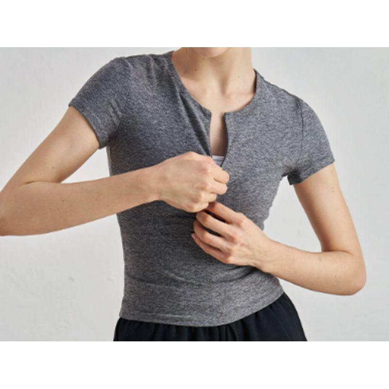 

Nude Feel Slim fit Slimming Yoga Short sleeve High Sense Waist Hugging Inner wear Sports T-shirt round Neck Fitness Half Zipper Top Hemp Ash L