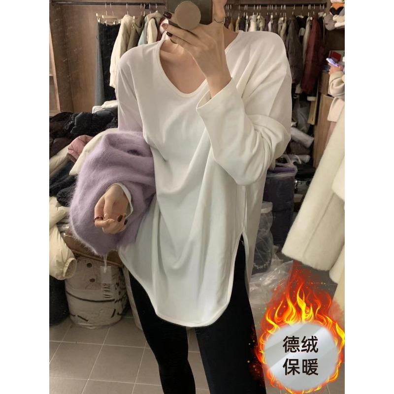 Basic white T-shirt women's large size loose top Dongde velvet warm split-ended long-sleeved inner bottoming shirt