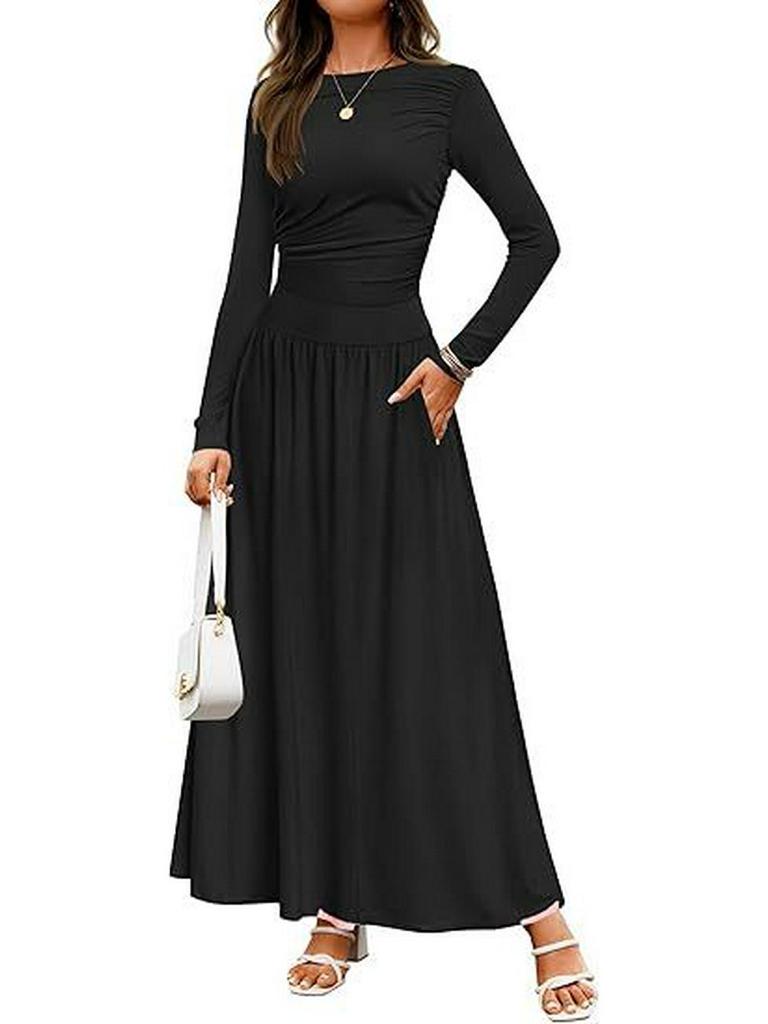 2025 Cross-border Women's Round Neck Pleated Pocket Slim Fit Long Sleeve Knit Dress