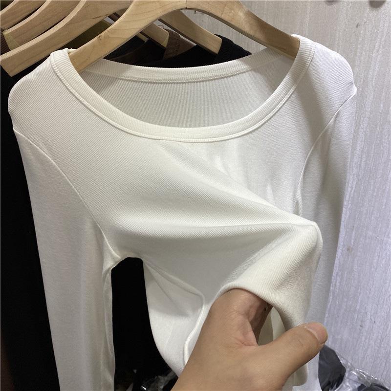 2025 A/W Women's Ribbed Long Sleeve Tee - Low Round Neck Clavicle Style, Solid Color, Versatile Top