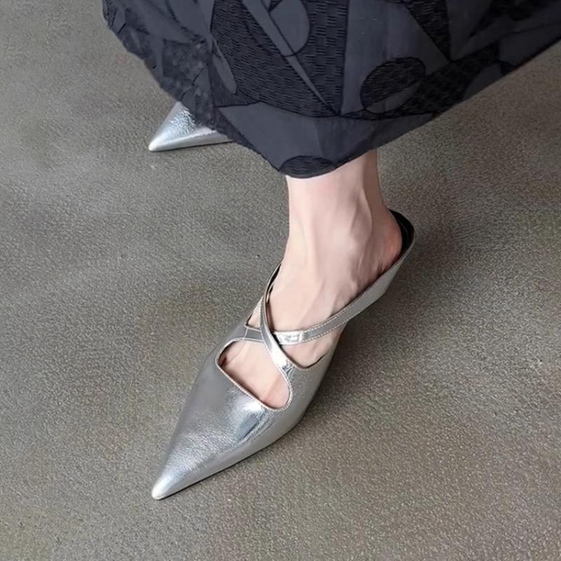 Fashion Elegant Pointed Toe Kitten Heel Designer Slippers Women Fashion Cross Tied Brand Slide Sandals Comfortable Commuter Office Shoes
