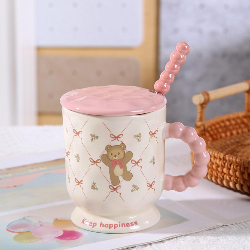 Cute pink bear ceramic mug with lid birthday gift household drinking water high value water cup souvenir gift girl