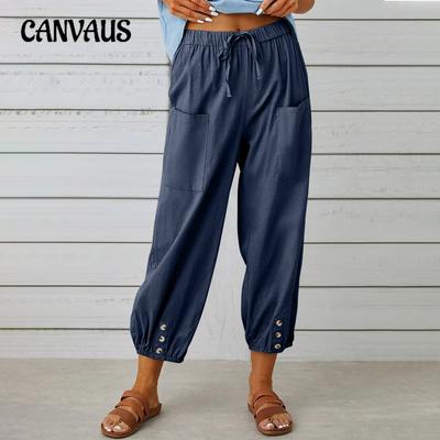 Pantaloni de vară de damă, largi, cu talie înaltă, cu nasturi, din bumbac, din in, Pantaloni cu nouă puncte, Pantaloni largi