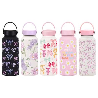 1000ML Vacuum Bottle Printed Design Flowers Pattern Vacuum Sports Bottle Portable Large Capacity Water Bottle Outdoor Activities