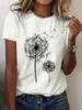 T-shirt girocollo con stampa di tarassaco, top casual a maniche corte per primavera ed estate, abbigliamento da donna