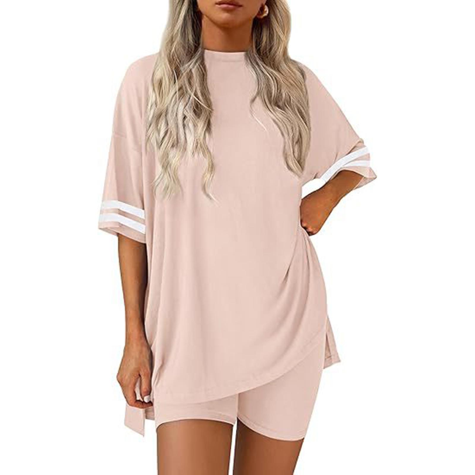 

Women s Fashion Casual Round Neck Color,Block Short Sleeve T,Shirt And Slim Shorts Home Wear Set XXL бежевий