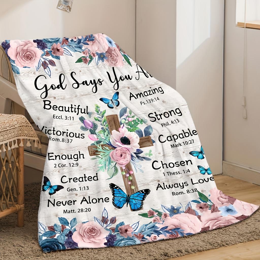 1pc Inspirational Floral Cross Print Blanket - Soft Flannel, All-Season Comfort, Machine Washable, Ideal for Travel, Sofa, Bed, Office Decor
