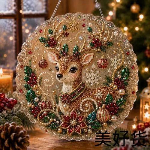 Christmas set light catcher handmade with pearl diamond painting. Acrylic base 20 cm with lace edge, 3D details of pearl beads, decor for windo