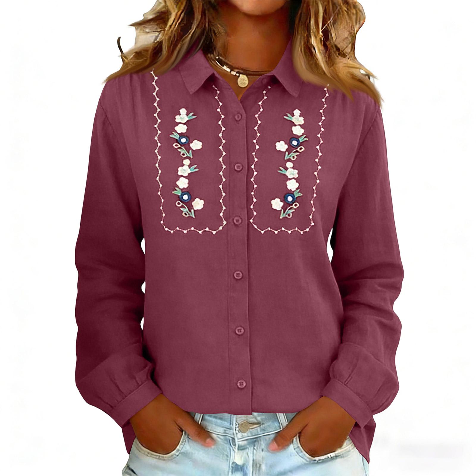 

Women s Embroidery Floral Shirts Fashion Button Down Lapel Long Sleeves Casual Comfy Shirt Blouse Tops L винний