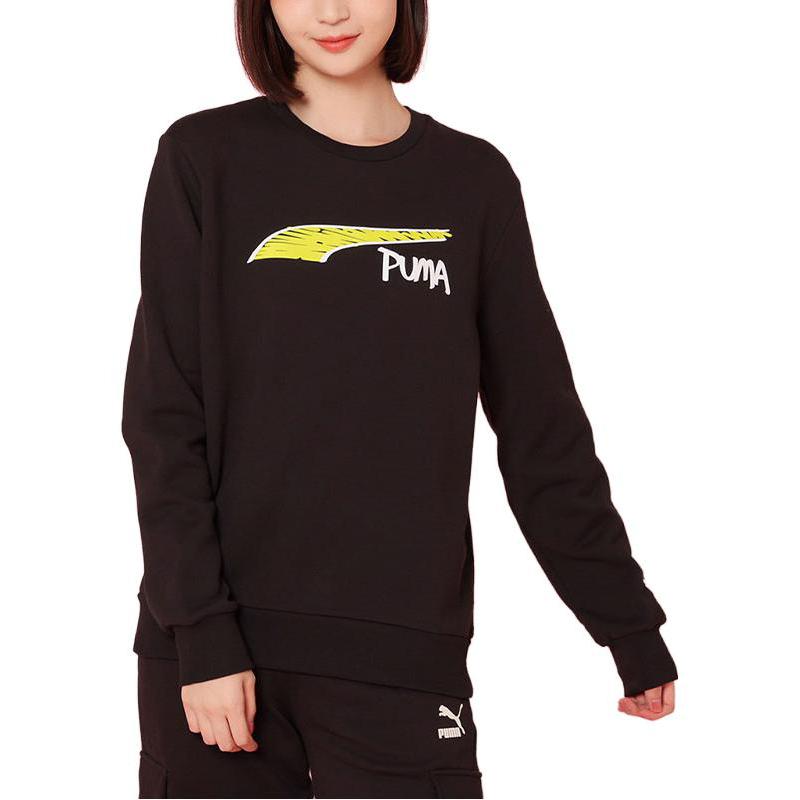 Puma Letter Logo Printed Round Neck Long Sleeve Sweatshirt Unisex Sweatshirt Black 535045-01