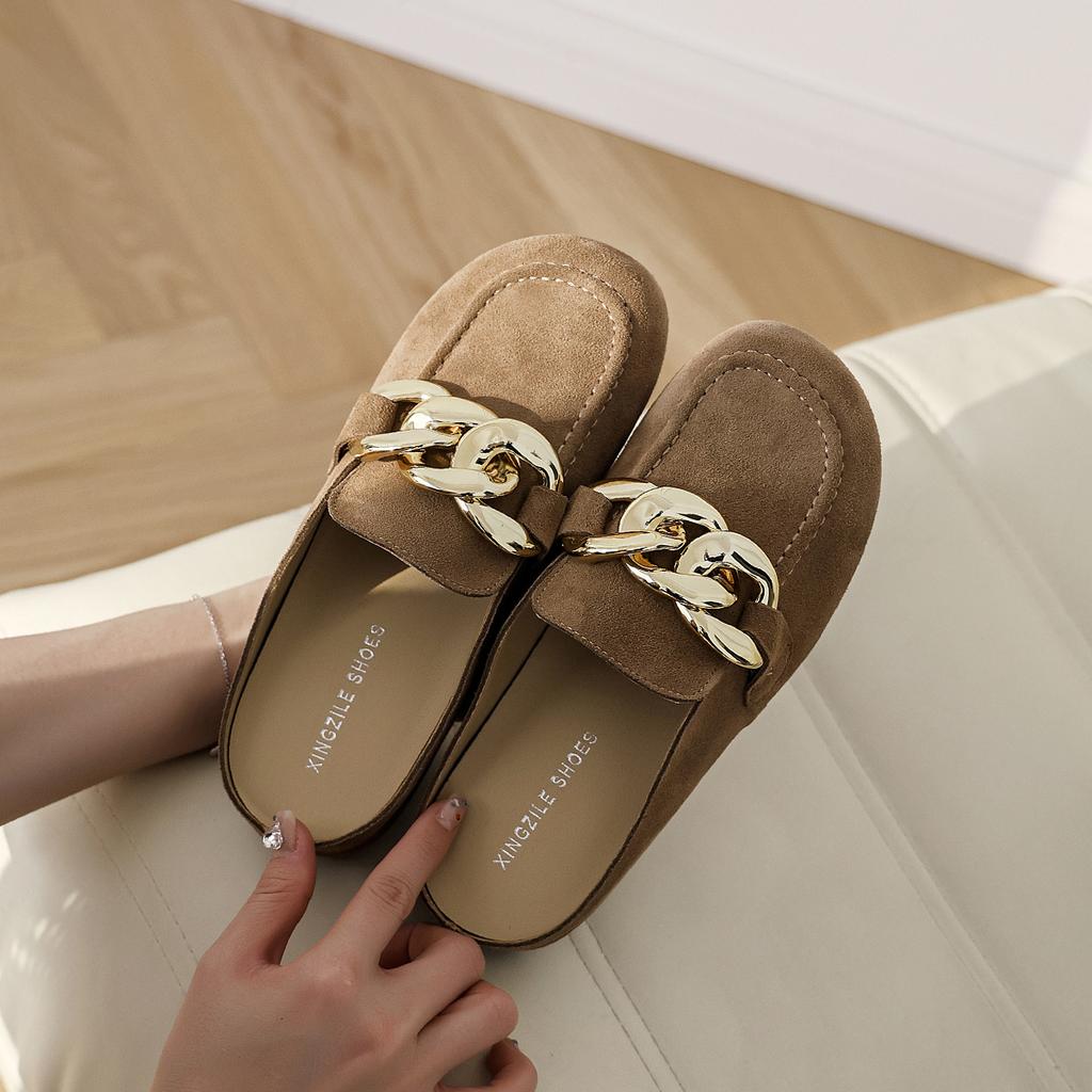 Leather Cowhide Boken Women's Shoes Inner Heightening Platform Slippers Flat Fishing Large Chain Buckle Boken Shoes Bag Head Half Slippers