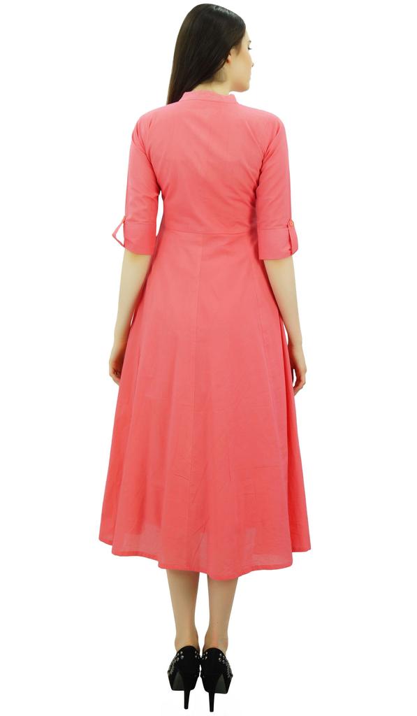 Bimba Women's Cotton Dress Roll Up Sleeves Mandarin Collar Button Down Mid-Calf Shirt