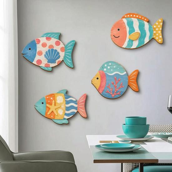 Seaside Bathroom Wall Art 4PCS Aspen Wood Fish Decor, Colorful Hanging Handcrafted Set Art, Beach Theme Decorative Plaques for Living Room Nautical