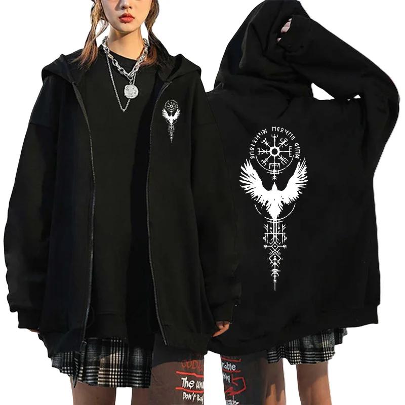Damen Reißverschluss Hoodie Antike Wikinger Rabe Kunstdruck Sweatshirt Herbst Täglich Lässig Modejacke Y2K Gotischer Mantel