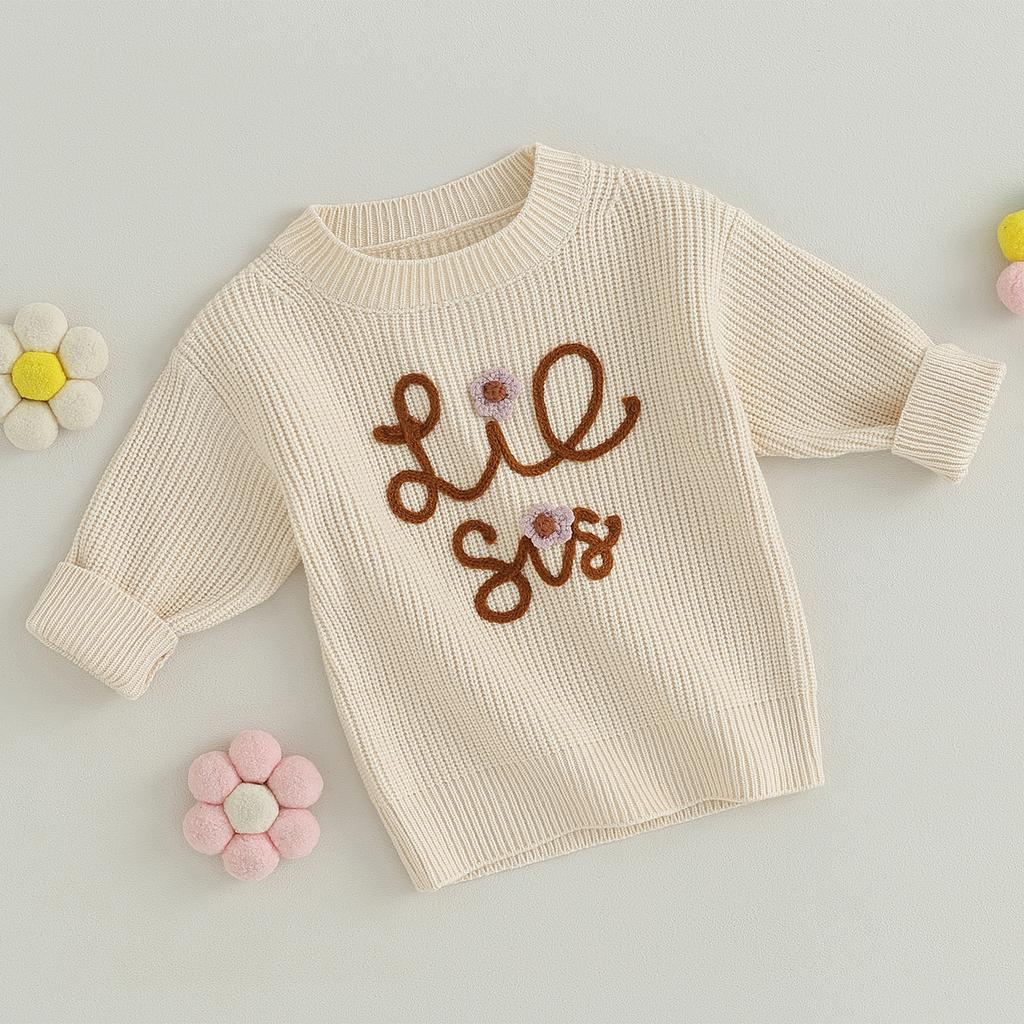 Toddler Kids Girls Sweater Letter Embroidery Long Sleeve Crew Neck Pullovers Fall Winter Casual Clothes Tops