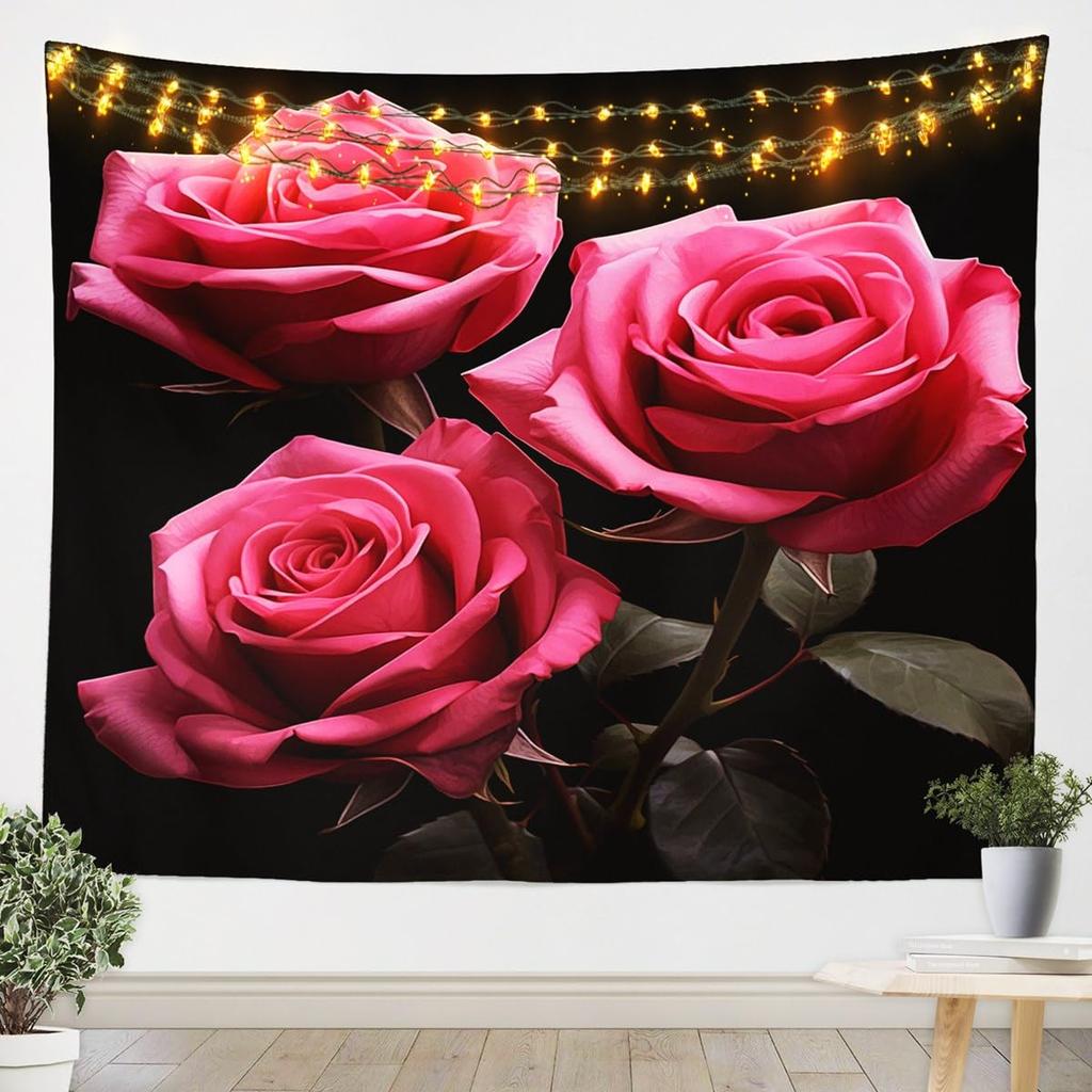 Romantic Dark Red Rose Tapestry,Moody Floral Wall Art with Vivid Red Roses & Dark Leaves,for Bedroom,Aesthetic & Cozy Home Decor