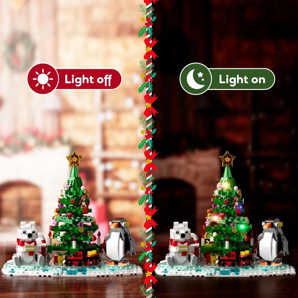 New Years Winter Christmas Tree Building Blocks Set Lighting Penguin Snowman Santa Claus Bricks DIY Toys Children Xmas Gifts