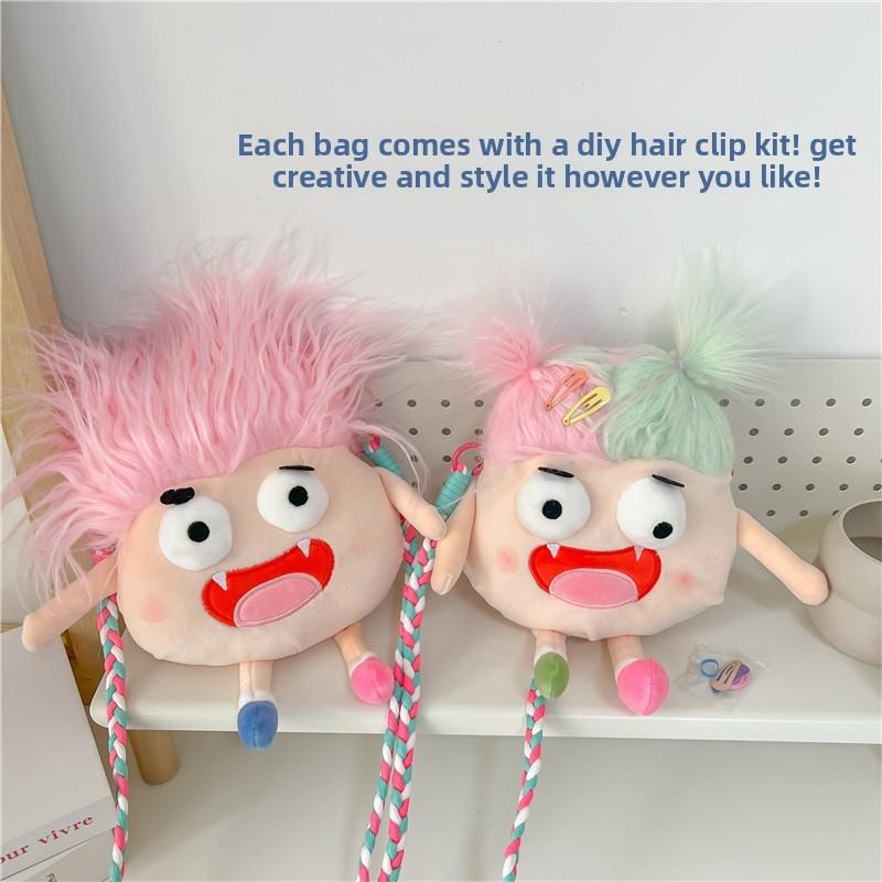 Plush Cute Hairy Doll Crossbody Bag With Zipper Closure For Daily Use