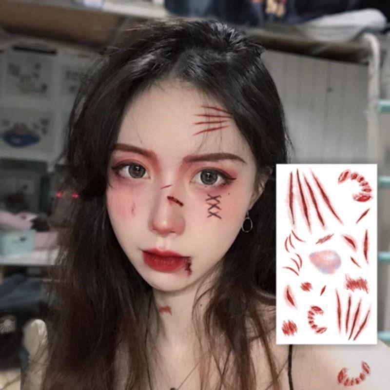 Realistic 3D Temporary Fake Scar Tattoo Stickers 6 Sheets Waterproof Wound Decals for Halloween Party Cosplay Prank