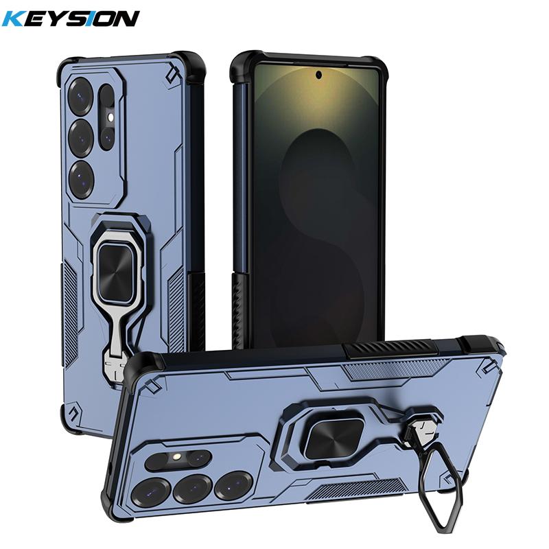 KEYSION Etui odporne na wstrząsy do Samsung S25 Ultra 5G Miękki silikon + PC Pionowy metalowy stojak na telefon Tylna obudowa do Galaxy S25+ Plus