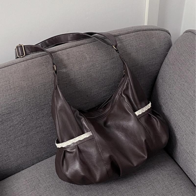 Bow-knot Lace Shoulder Bag Vintage Coffee-colored Large Capacity Handbag Y2k Hot Girl Bag Student Commuting Casual Crossbody Bag