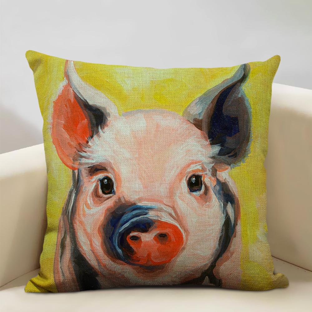 Animal Oil Painting Cushion Cover Home Sofa Decoration Pillow Case Cute Pig Pattern Pillowcase 45x45cm Linen Living Room Decor
