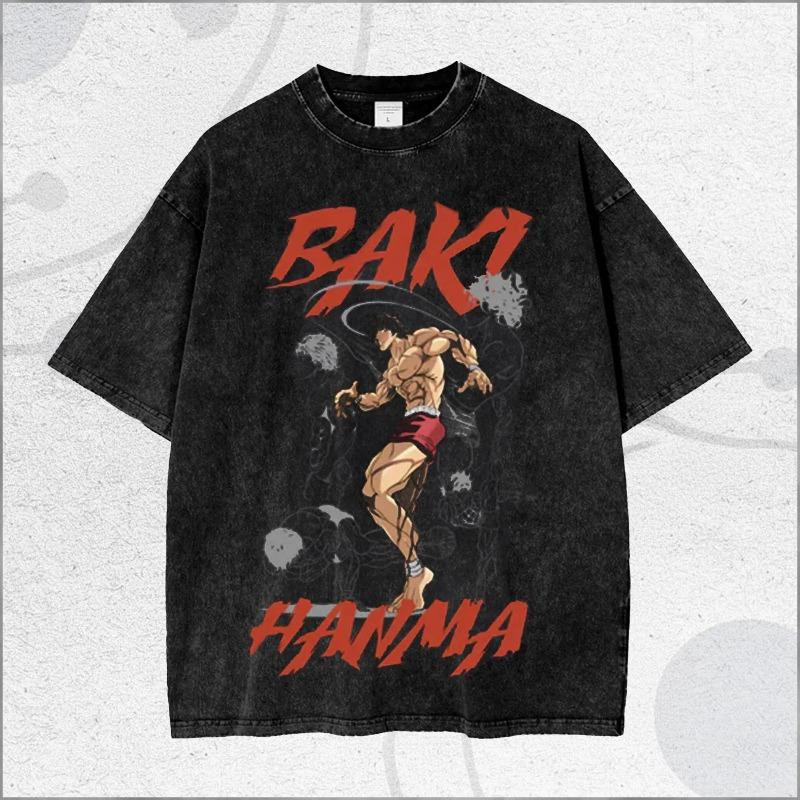 

Vintage Wash Fighting Spirit Graphic Tee Dark Anime Style Muscle Art Shirt Summer Men s and Women s Washed T-shirt Top S