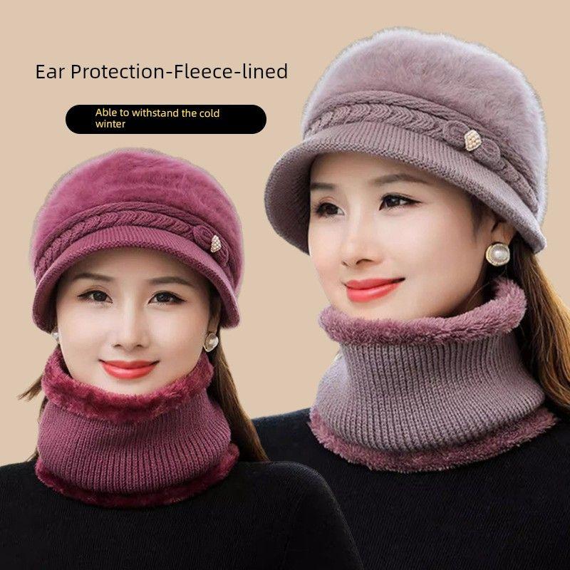 Hat Women Winter Mom Middle-Aged and Elderly Old Lady Autumn and Winter Fleece-lined Warm Fashion Western Style Wool Knitted Hat