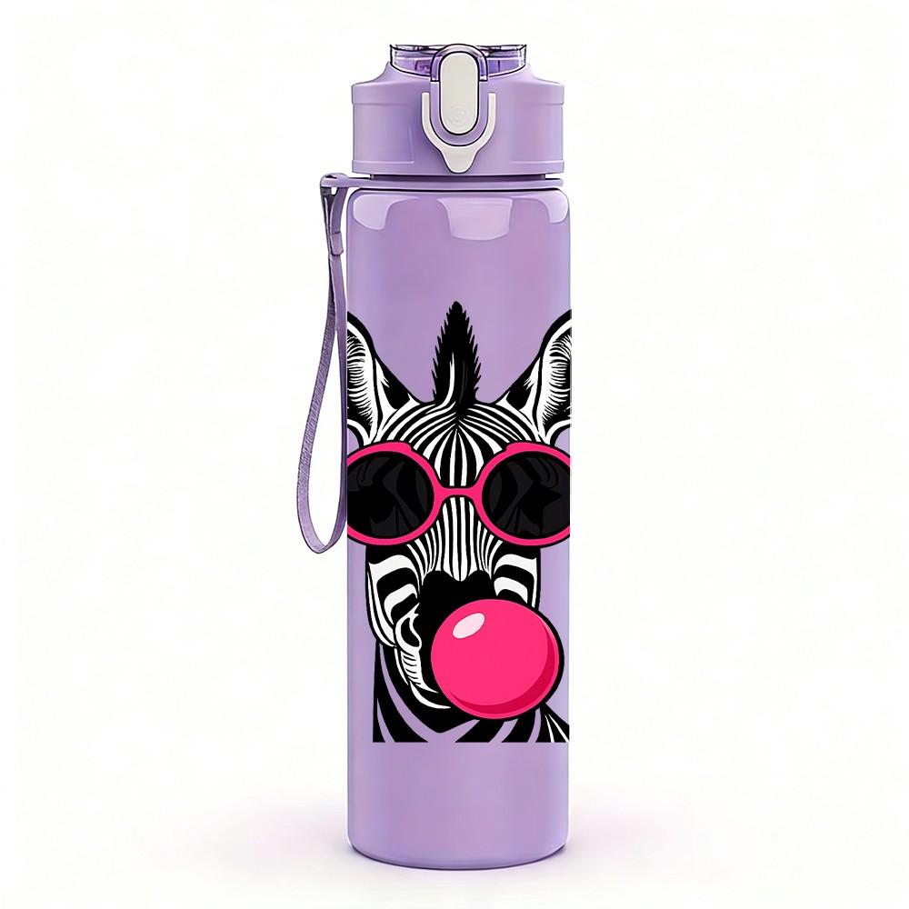 1PC Zebra With Pink Lollipop Print 750ml Color Plastic Sports Water Bottle Leakproof Flip Straw Lid Suitable for Sports Office Home Use