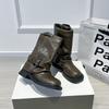 New inner heightening round head wide tube thick heel medium boots women's retro belt buckle western pleated short boots women's knight boots