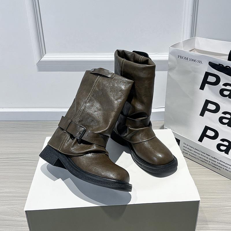 New Inner Heightening Round Head Wide Tube Thick Heel Medium Boots Women's Retro Belt Buckle Western Pleated Short Boots Women's Knight Boots