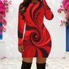 Women Plus Size Round Neck Long Sleeve Red Black Printed Bodycon Mini Dress