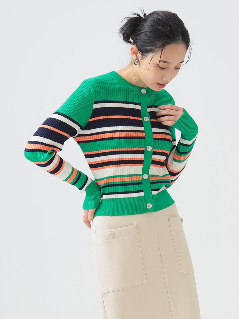 B:MING LIFE STORE by BEAMS Women's Large/Small Knit Multi-Border Cardigan, Green, One Size