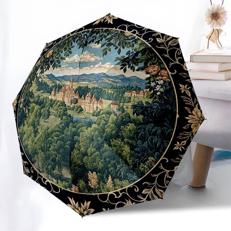 Renaissance Castle Scene Decorative PlateUmbrella with Cute Design,Portable 3-Fold Compact Umbrella for Men&Women,Valentine's Day Mother's D