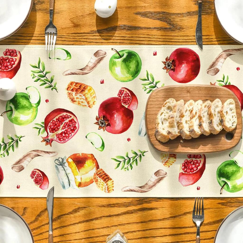 Rosh Hashanah Linen Table Runner Jewish Holiday Decor Reusable Shana Tova Kitchen Dining Table Runner Rosh Hashanah Decorations