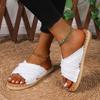 New Open Toe Flat Cross Casual Slippers with Hemp Rope Sole and Solid Color Cloth Surface for Comfortable Beach Sandals