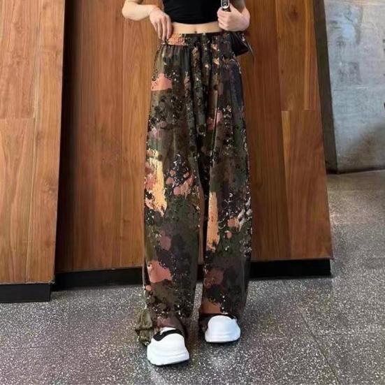 Women Summer Casual Pants Elastic Waist Adjustable Tie Straight Wide Leg Long Trousers Camouflage Striped Print Lounge Pants Streetwear