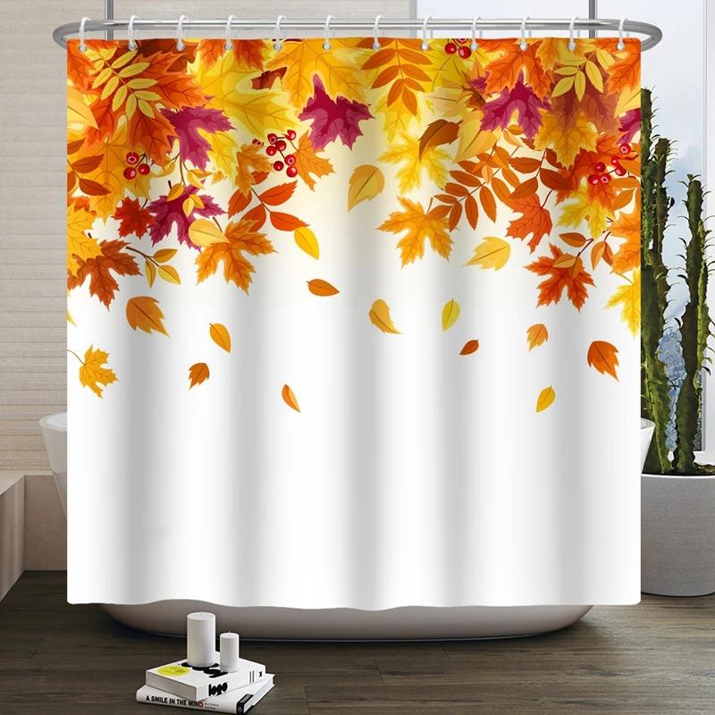 Hello Fall Shower Curtain Autumn Maple Leaves Pumpkin Bathroom Decor Polyester Fabric Cloth Shower Curtain With Hooks Room Decor