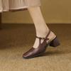 Fashion 2025 New Top Quality Genuine Leather Women Sandals Vintage T-Strap Square Toe Thick Heels Shoes Woman Summer Office Ladies Pumps