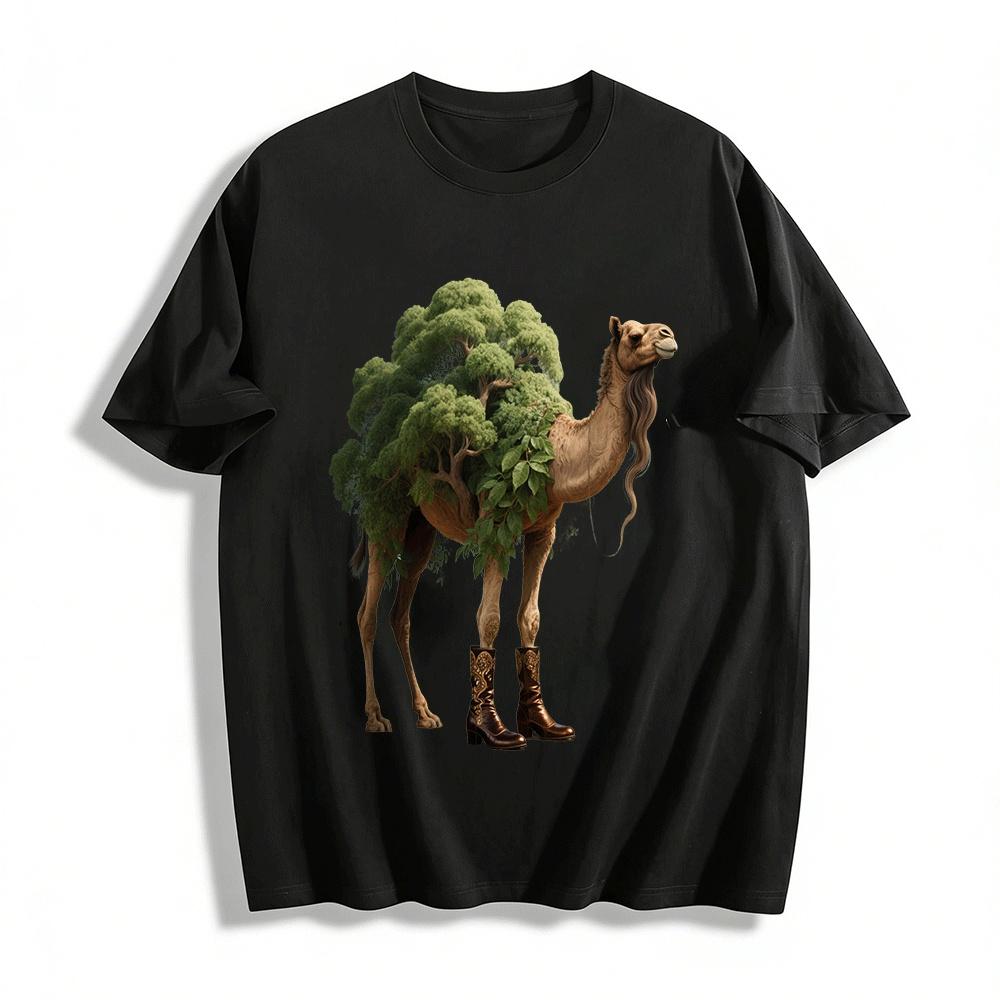 Creative Tree Camel With Boots Print Casual Top Pure cotton T-shirt XXS