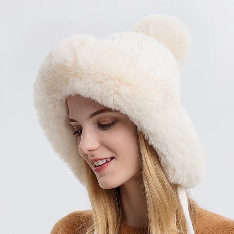 Winter Cute Warm Knitted Hats for Women Cartoon Cat's Ears Two Balls Earflap Cap Plush Fluffy Thicken Warm Fur Beanie Hat Female