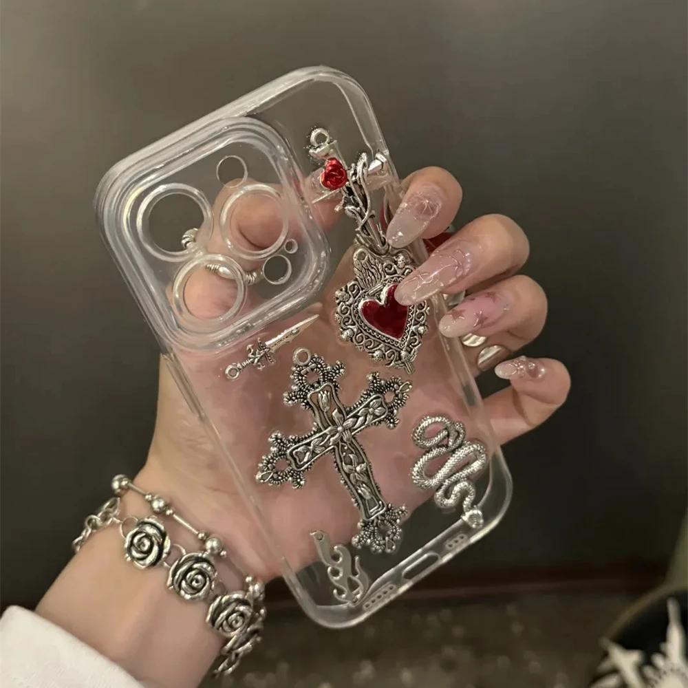 

Чехол для телефона Y2K Готический Крест Сердце Любви Прозрачная Эпоксидная Смола для iPhone 16 15 13 12 11 Pro Max 14 Plus Чехол 3D Змея Ударопрочный Корпус For iphone 12pro