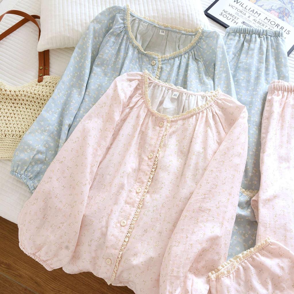 Women's Floral Print Pure Cotton Gauze Pajama Set - Spring/Summer Long Sleeve & Pants